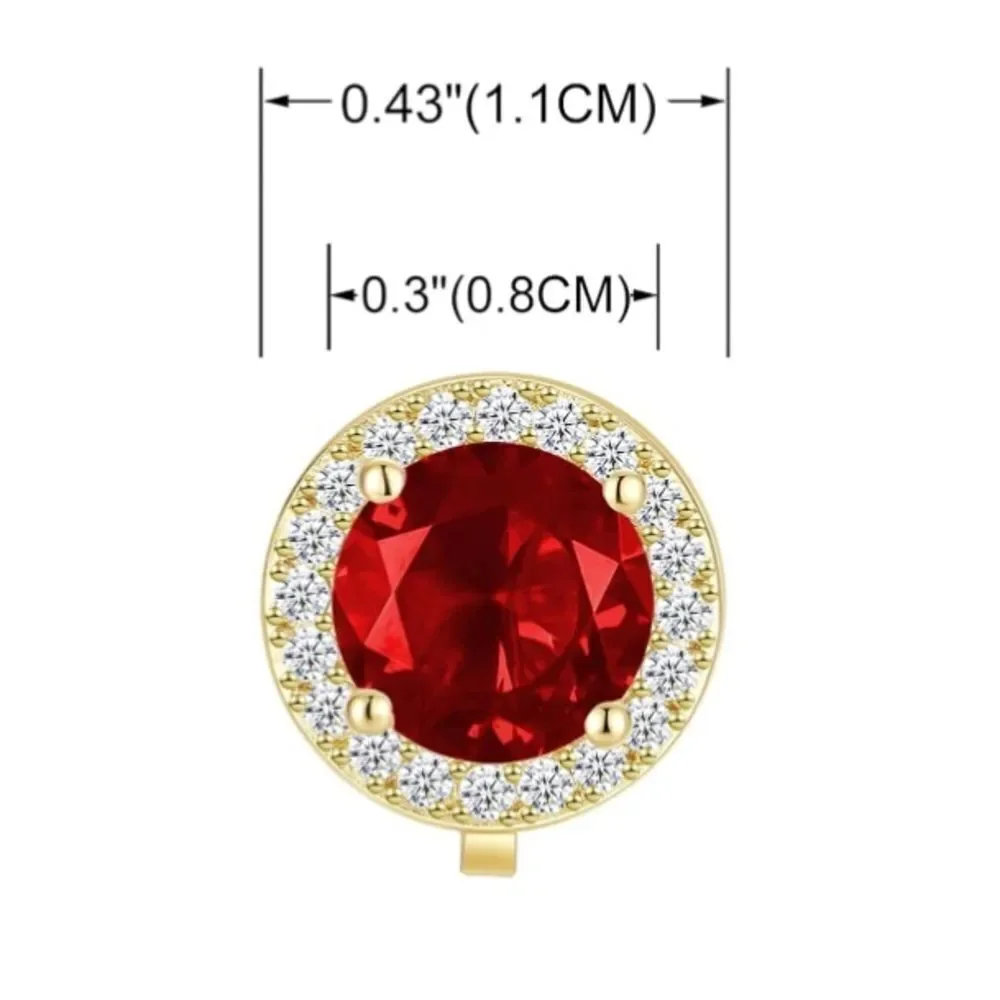 Yellow Gold with Ruby Red and Diamond Cubic Zirconia Round Stud Clip On Earrings